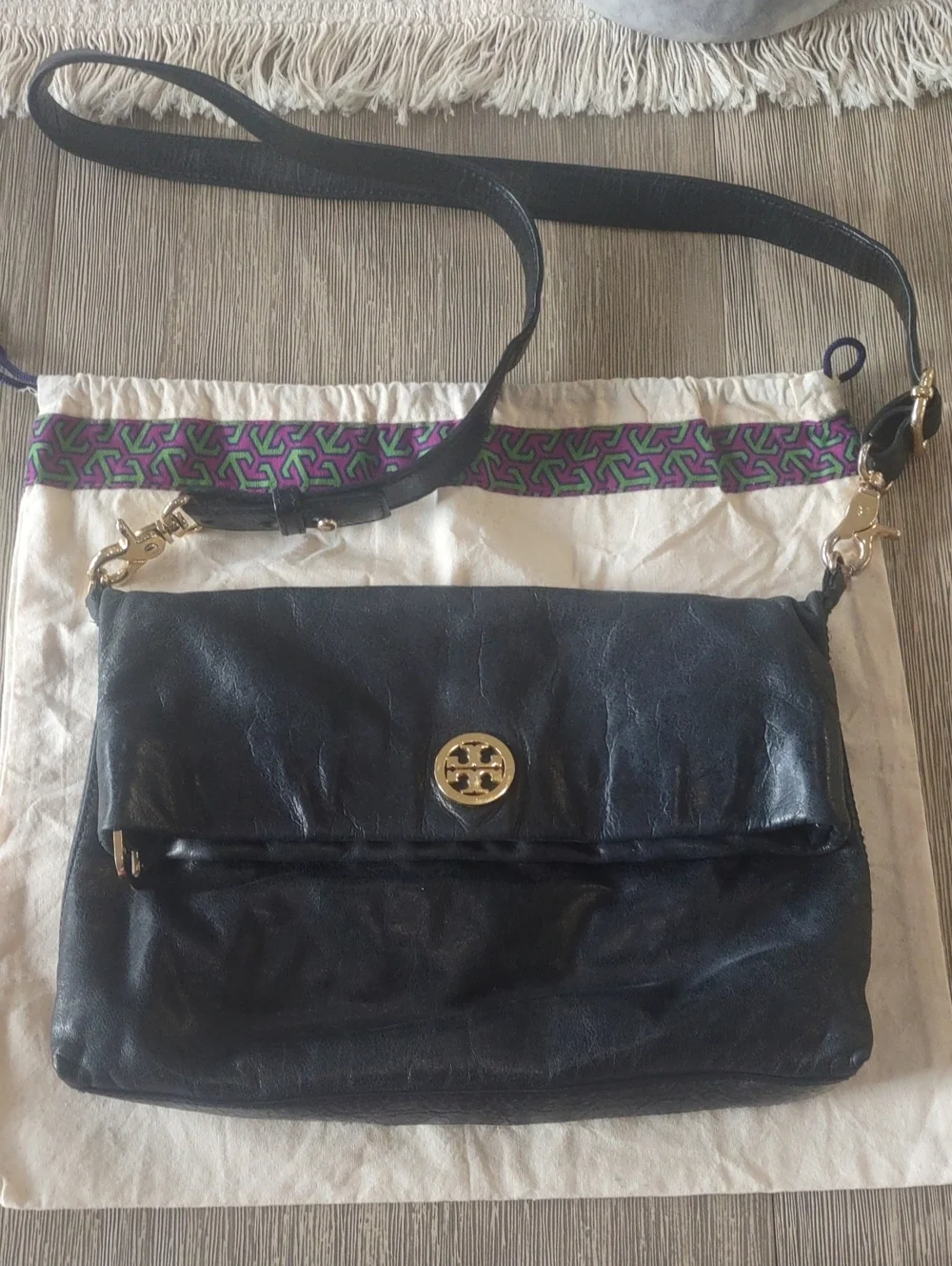 Tory Burch Black Leather Fold-Over/Convertible Crossbody with Gold Tone Logo